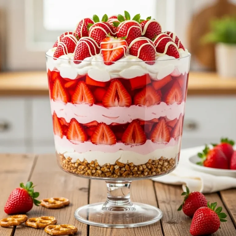 Layered Strawberry Pretzel Trifle with Cream Cheese and Whipped Cream