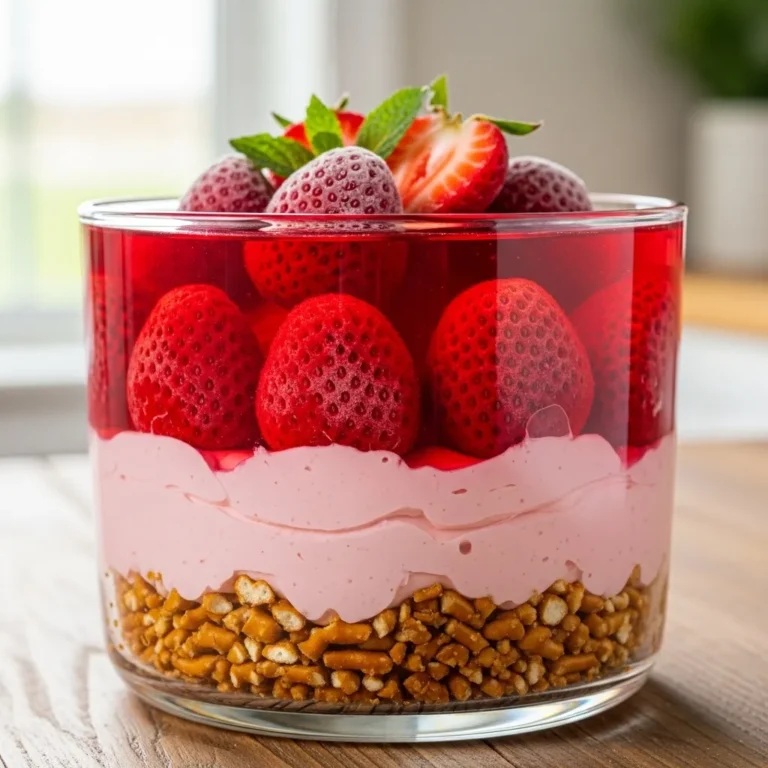 Strawberry Jello Pretzel Dessert with Frozen Strawberries