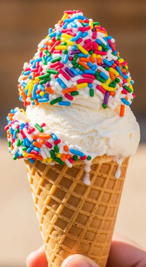 Vanilla Ice Cream Cone With Rainbow Sprinkles